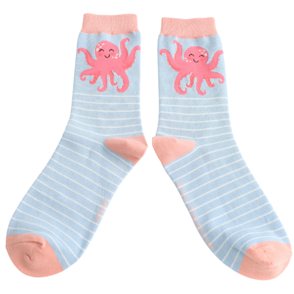 Ladies Socks: Bamboo Octopus - Powder Blue - Miss Sparrow