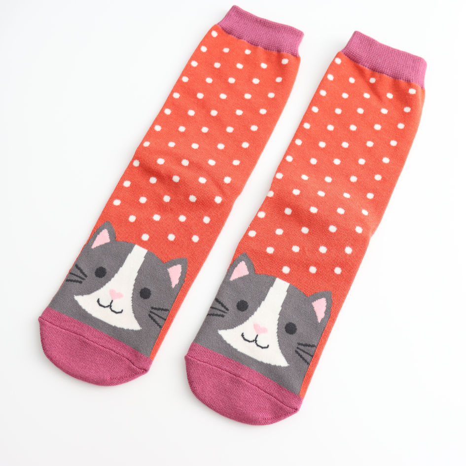 Ladies Socks: Bamboo Cat - Orange - Miss Sparrow