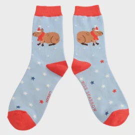 Ladies Christmas Socks: Bamboo Festive Capybara - Light Blue - Miss Sparrow