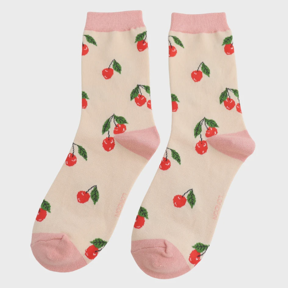 Ladies Socks: Bamboo Cherries - Cream - Miss Sparrow