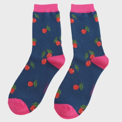 Ladies Socks: Bamboo Cherries - Navy - Miss Sparrow