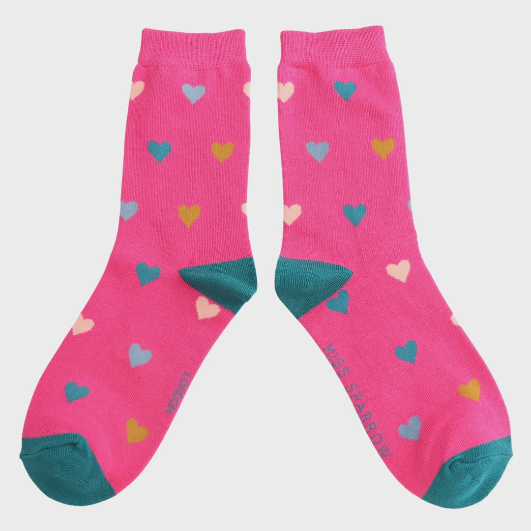 Ladies Socks: Bamboo Hearts - Hot Pink - Miss Sparrow
