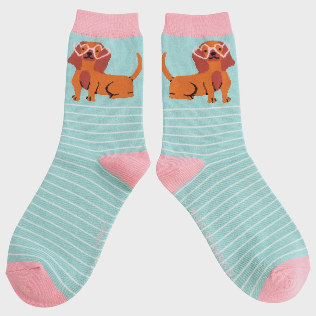 Ladies Socks: Bamboo Sausage Dog In Shades- Duck Egg- Miss Sparrow