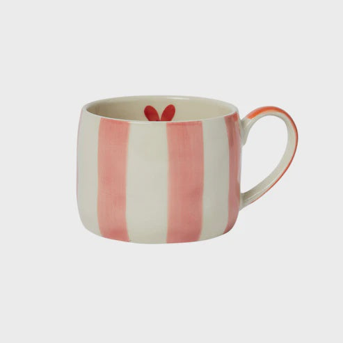 Mug: Stoneware Hand-Painted Striped Inside Heart  - Pink - Belly Button Designs
