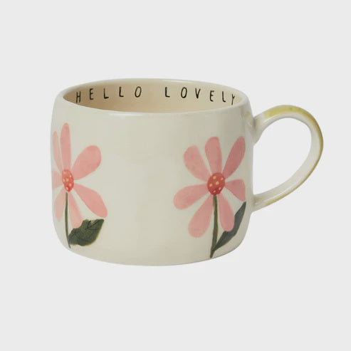 Mug: Stoneware Hand-Painted Floral Hello Lovely - Pink - Belly Button Designs