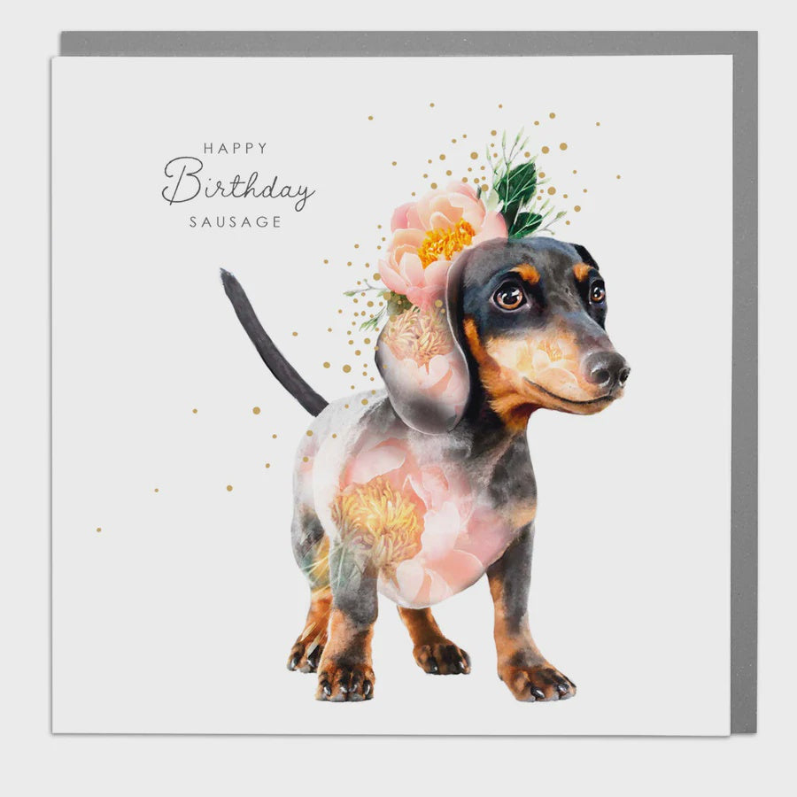 Birthday Card: Sausage Dog Wildlife Botanical - Lola Design