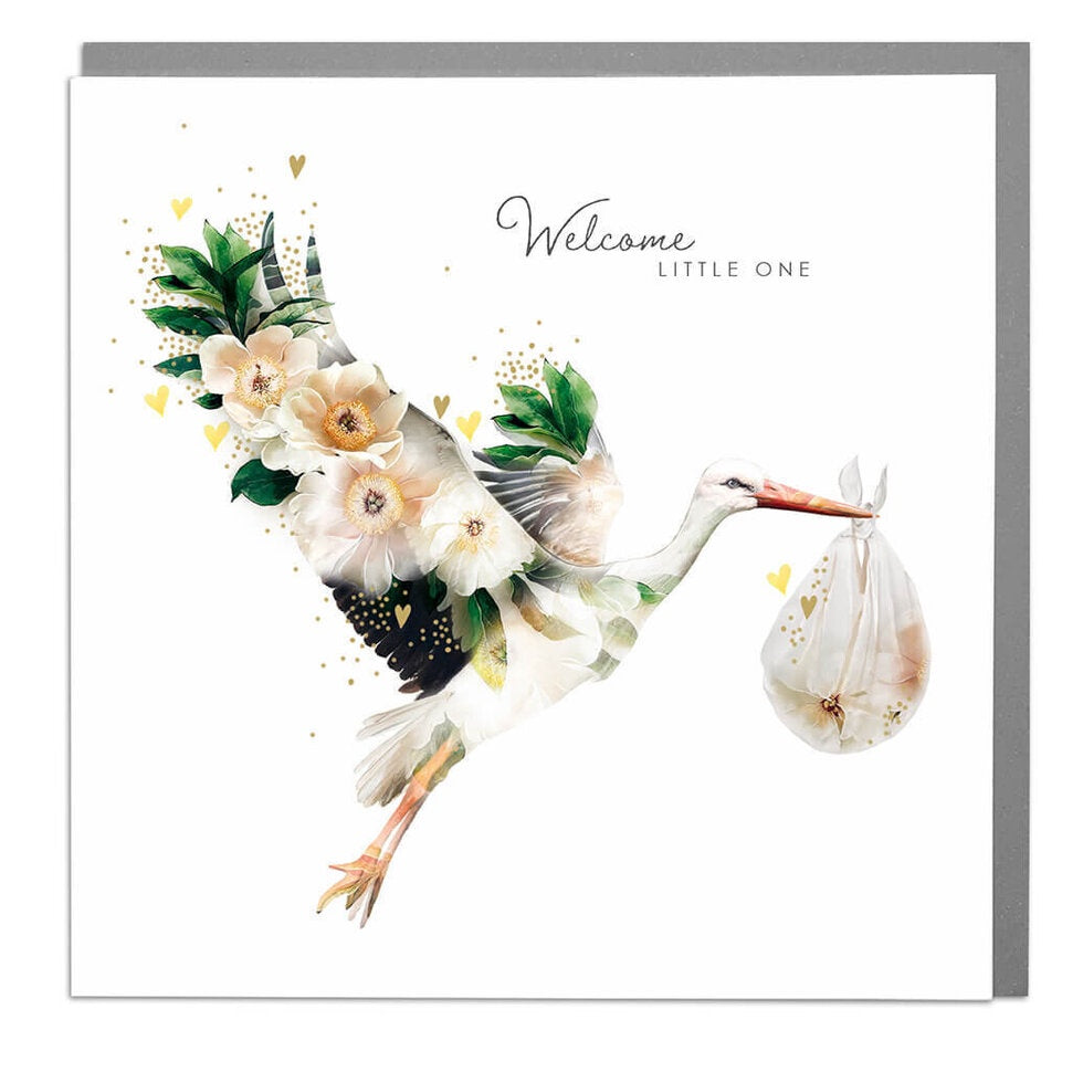 New Baby Card: Neutral Stork Wildlife Botanical - Lola Design