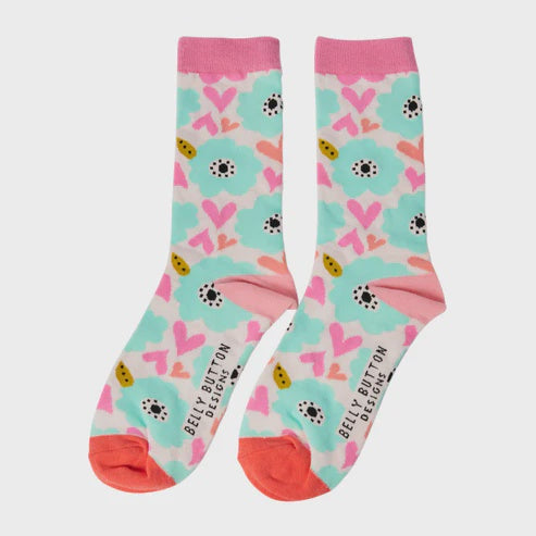 Ladies Socks: Bamboo Hearts & Flowers - Belly Button Designs
