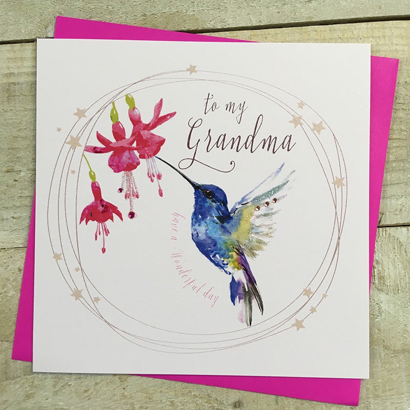 Grandma Card: Hummingbird - Hand Finished Crystals & Glitter - White - White Cotton Cards