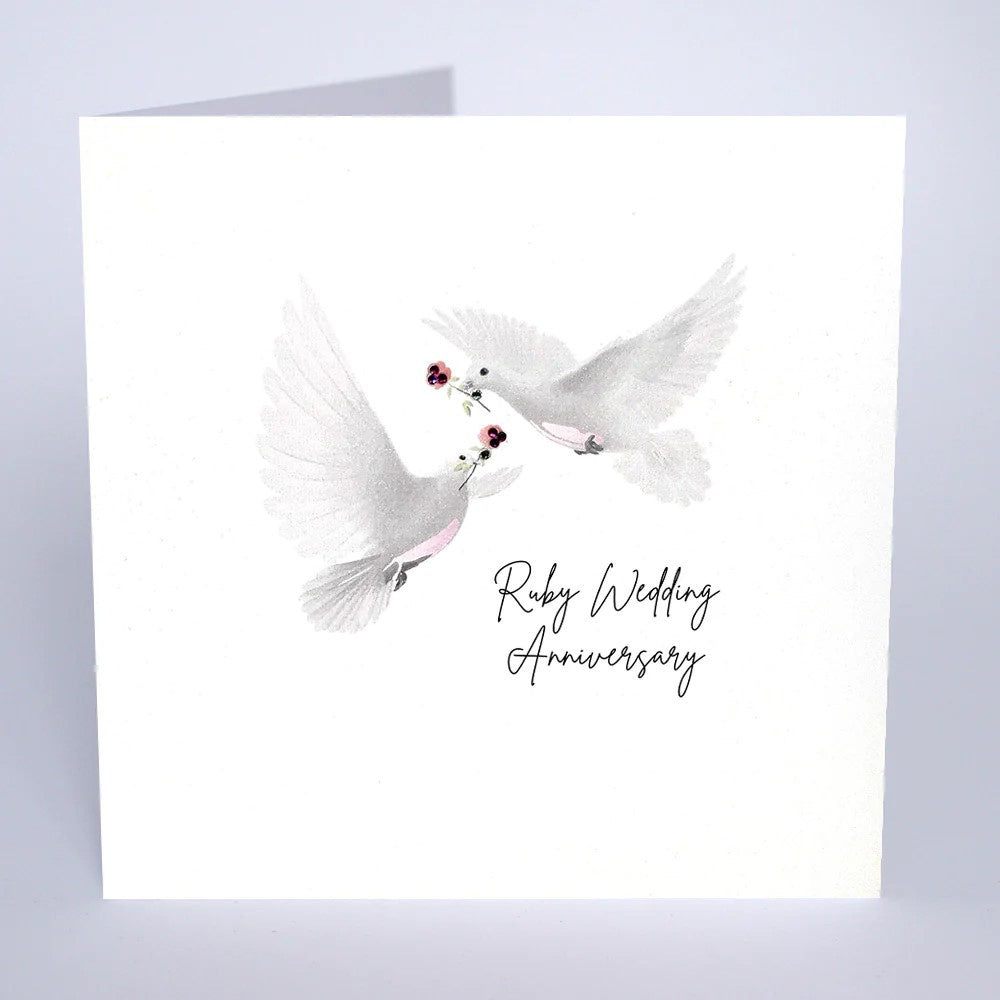 Anniversary Card: Ruby 40th Doves Glitter Handmade Swarovski Crystals - White - Five Dollar Shake