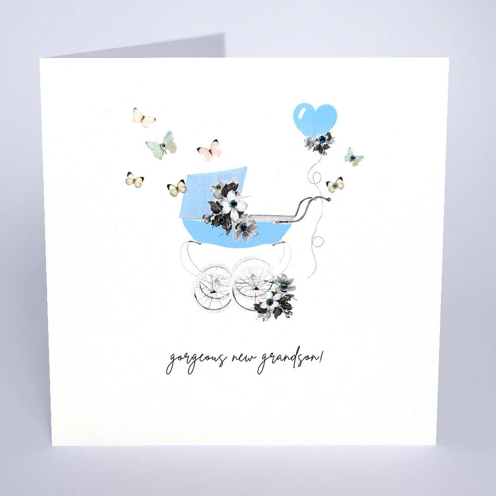 New Baby Card: Grandson Pram Handmade Swarovski  - Five Dollar Shake