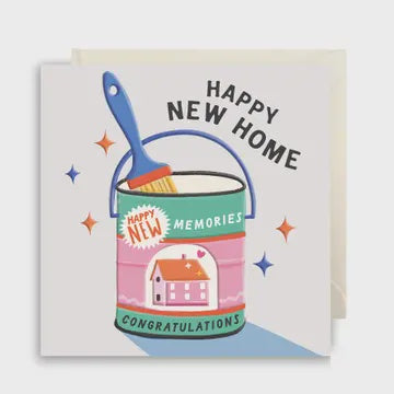 New Home Card:  Happy New Home paint tin and brush Embossed - Rosanna Rossi