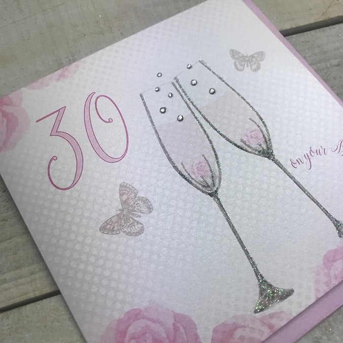 Age 30th Card: Champagne Flutes Hand Finished Crystals & Glitter - Pale Gold - White Cotton Cards