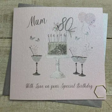 Age 80th Card: Mum Cakes & Cocktails Hand Finished Crystals & Glitter - Pink - White Cotton Cards