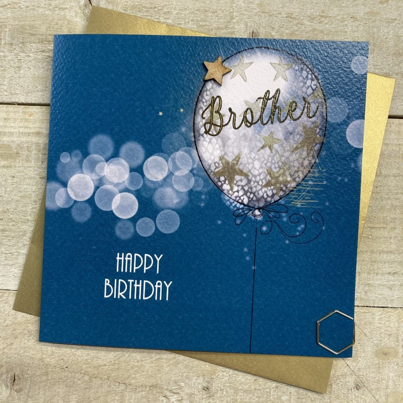 Brother Card: Balloon Wooden Star Handmade - Blue - White Cotton Cards