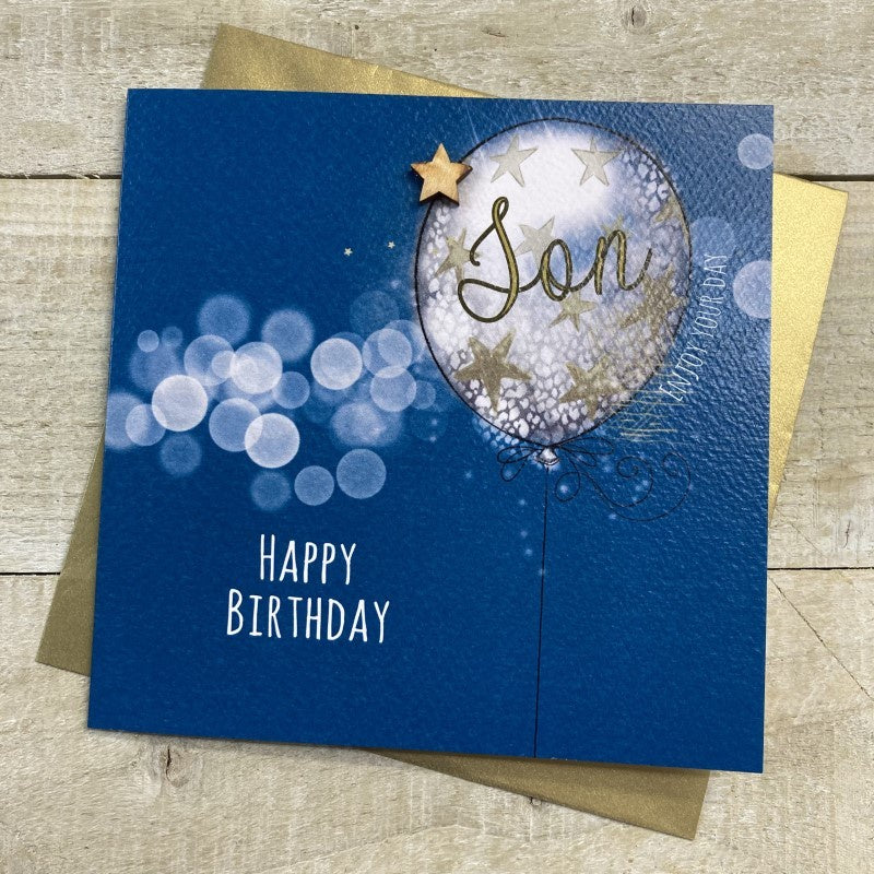 Son Card: Balloon Wooden Star Handmade - Blue - White Cotton Cards
