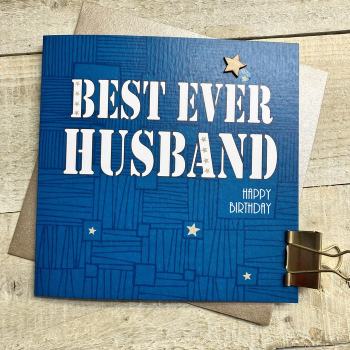 Husband Card: Doodles Hand Finished Wood Star - Blue - White Cotton Cards