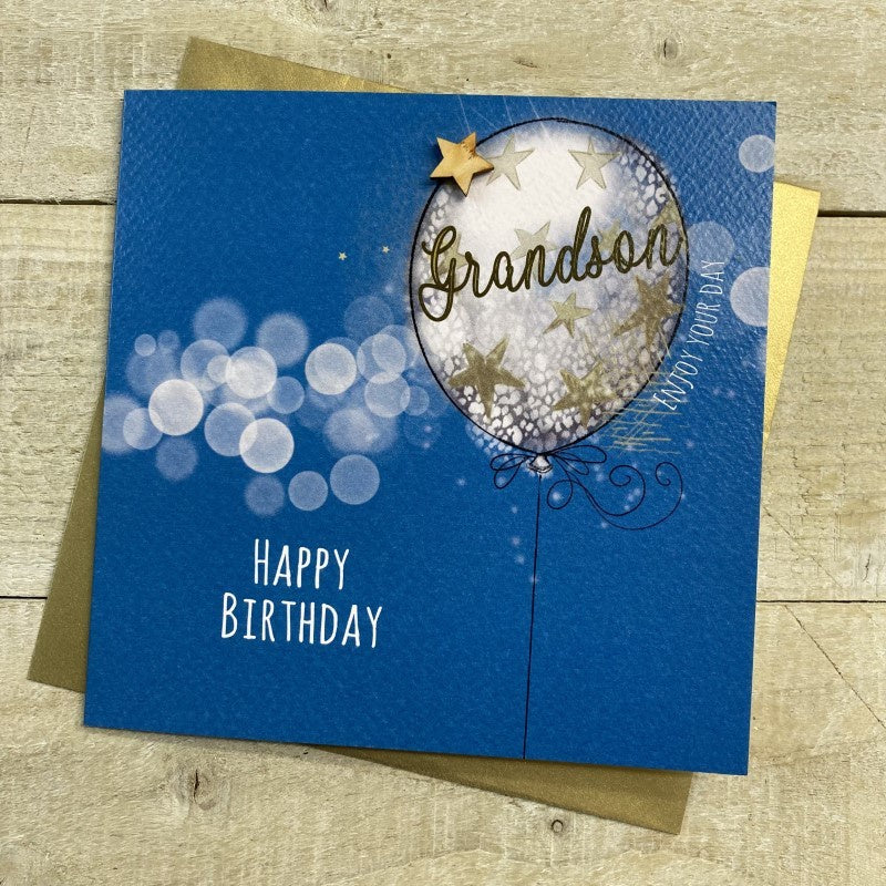 Grandson Card: Balloon Wooden Star Handmade - Blue - White Cotton Cards