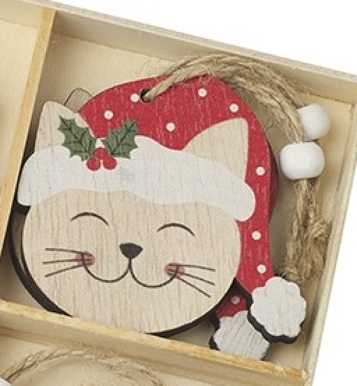 Christmas Tree Decoration: Wood Cat Head Red Hat Cut Out  - Natural - Heaven Sends