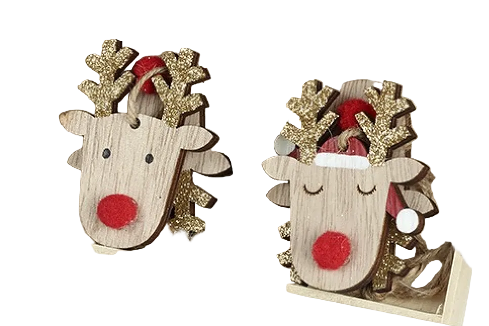 Christmas Tree Decoration: Wood Reindeer Red Nose Gold Antlers  - Natural - Heaven Sends