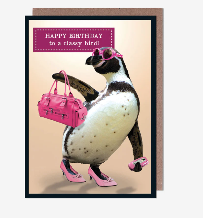 Card: Classy Penguin Carrying Handbag   Animal Antics - Pigment