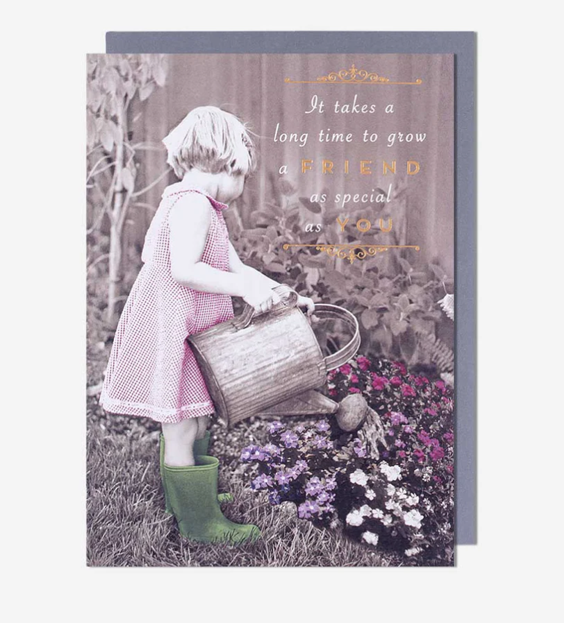 Friend Card: Girl Watering Flowers   Love Unlimited - Pigment