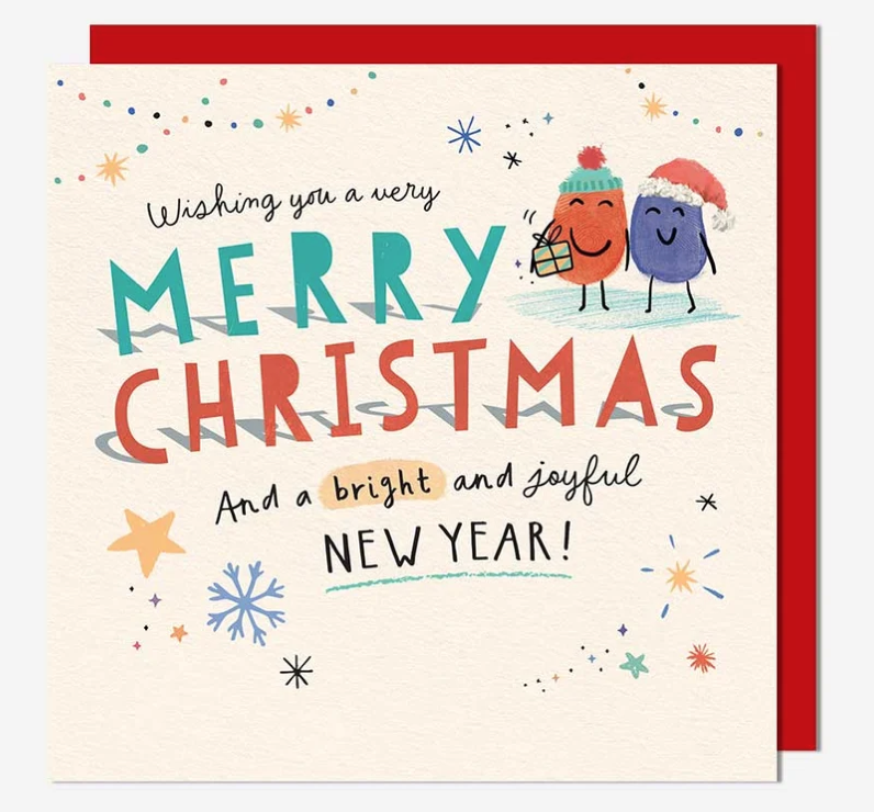 Christmas Card: Very Merry Christmas Thumbprint People  - Pigment