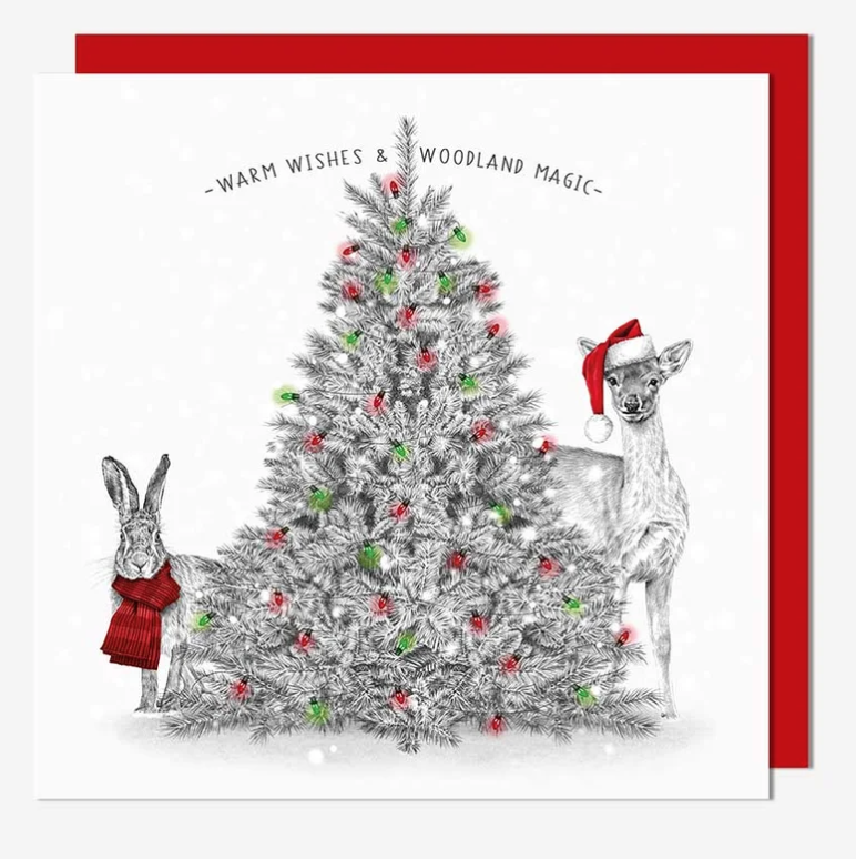 Christmas Card: Christmas Tree & Animal In Hats Warm  Wishes  - Pigment