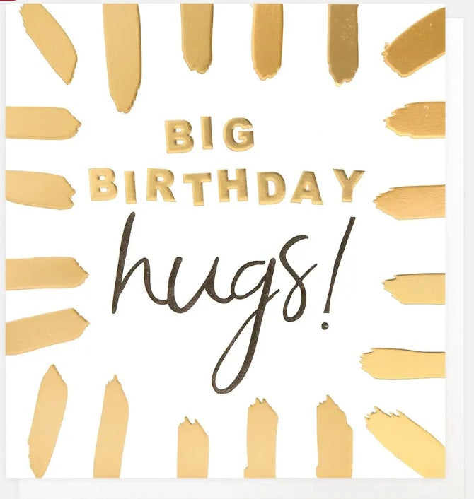 Birthday Card: Big Birthday Hugs Gold Border Embossed - Caroline Gardner