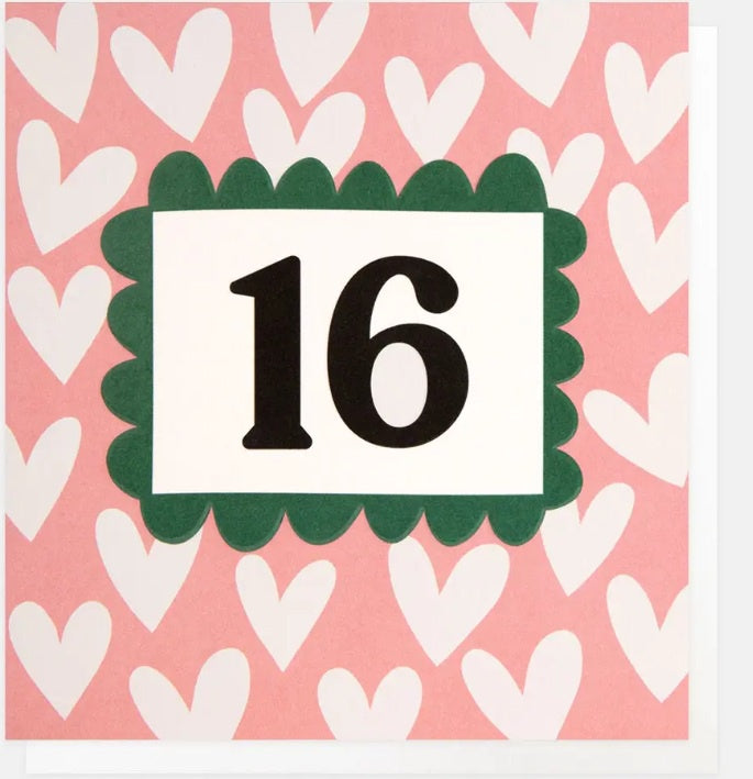 Age 16th Birthday Card: GOLD FOIL Sixteen With Bold Border And Hearts- Caroline Gardner