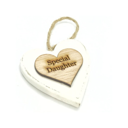 Chunky Special Daughter Hanging Heart Wood Sentiment Decoration - White w Natural  Heart Tag
