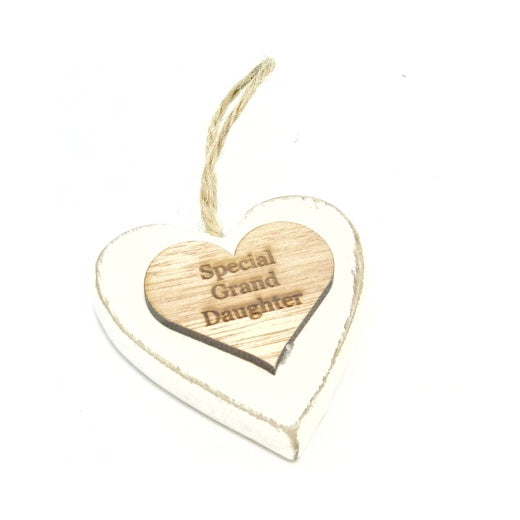 Chunky Special Grandaughter Hanging Heart Wood Sentiment Decoration - White w Natural  Heart Tag