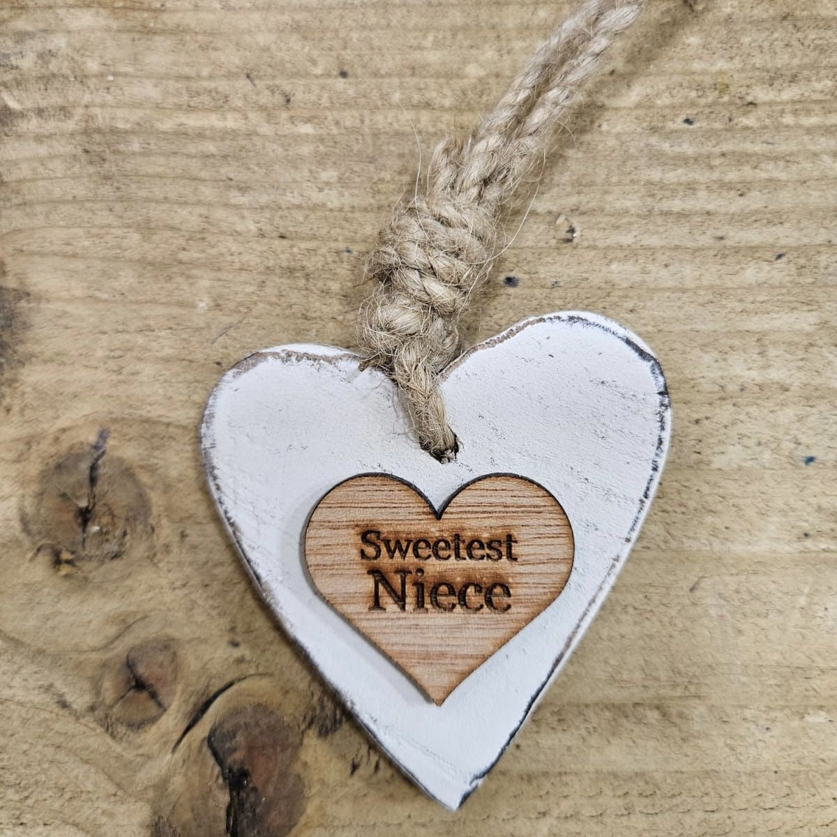 Chunky Sweetest Niece  Hanging Heart Wood Sentiment Decoration - White w Natural  Heart Tag