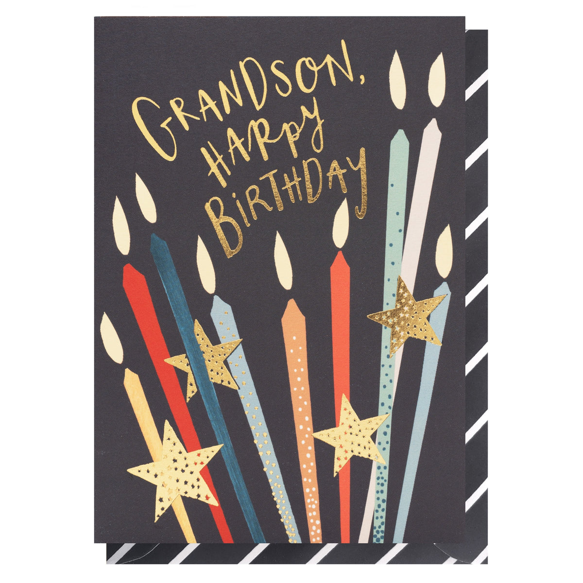 Grandson Card: Gold Foil Childrens Candles - Colourful - Louise Tiler