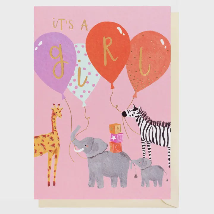 New Baby Card: Gold Foil Balloons Zoo Animals Its A Girl  - Colourful - Louise Tiler