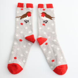 Socks: Fluffy Festive Robins - Silver- Miss Sparrow