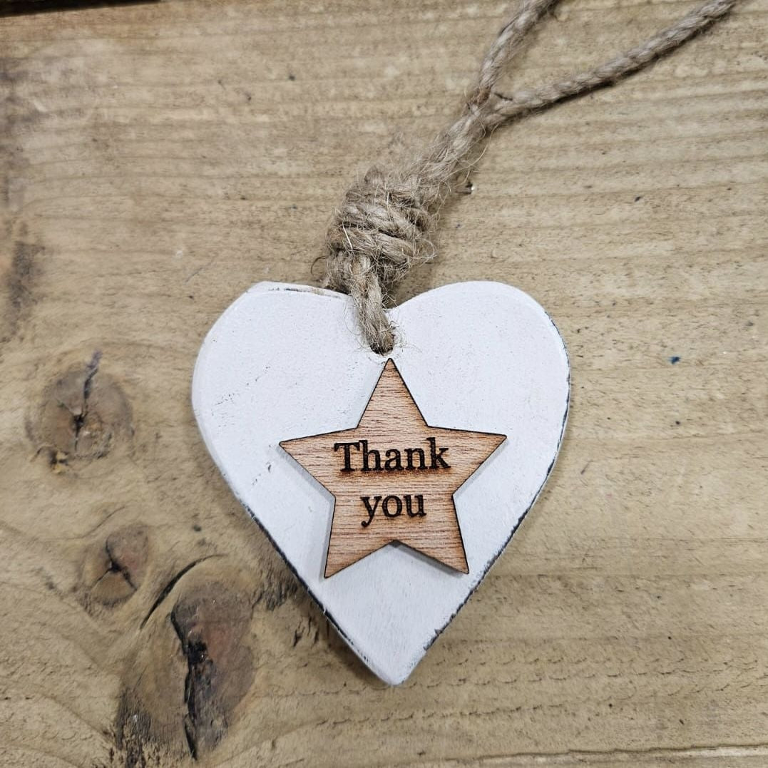 Chunky Thank You Hanging Heart Wood Sentiment Decoration - White w Natural  Star Tag