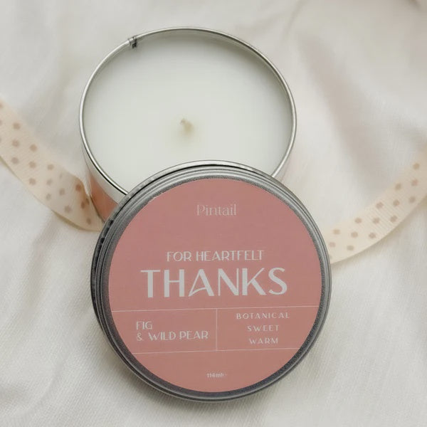 Candle: Thanks - Scented Tin 20 hrs Fig & Wild Pear - Pintail Candles