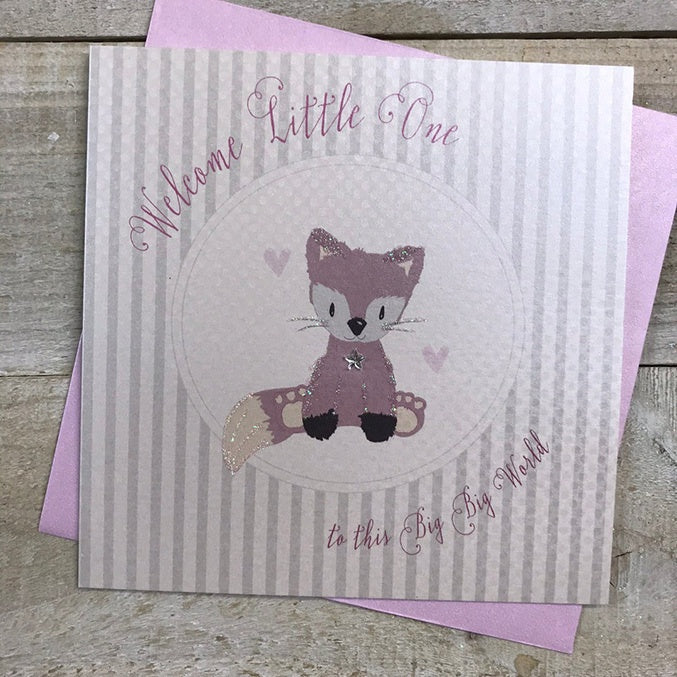 New Baby Card: Welcome Little One Hand Finished Crystals & Glitter - Pink - White Cotton Cards