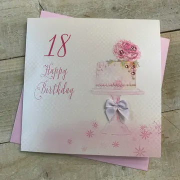 Age 18th Card: Beautiful Cake Hand Finished Crystals & Glitter - Pink - White Cotton Cards