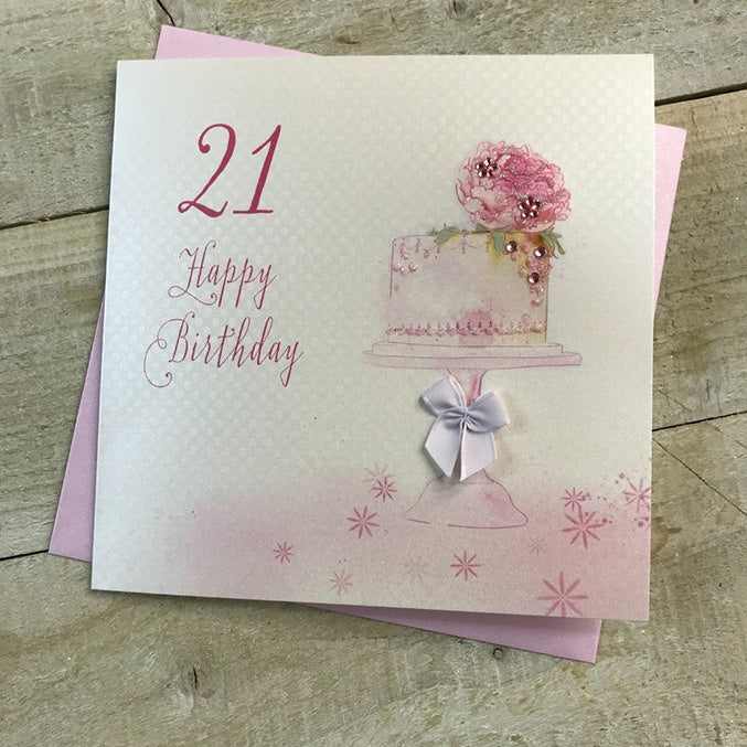 Age 21st Card:  Beautiful Birthday Cake - White Cotton Cards