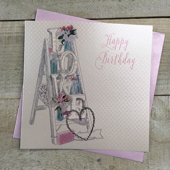 Birthday Card: Love Ladder Handmade Crystals - White Cotton Cards