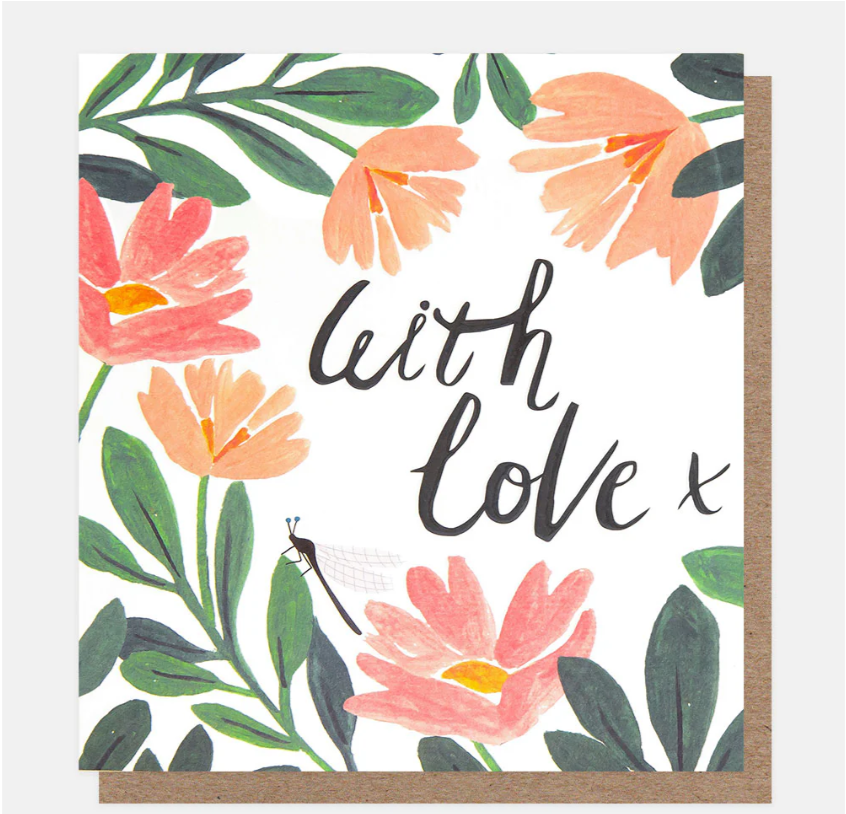 Blank Card: Pink Flowers & Dragonfly With Love - Caroline Gardner
