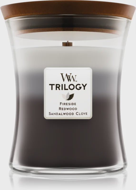 Candle: Scented Woodwick Trilogy Glass Medium Jar 10 oz - Warm Woods - Woodwick
