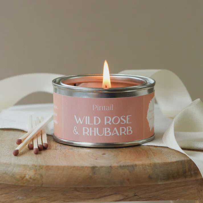 Candle: Scented Tin 14 hrs - Wild Rose & Rhubarb - Pink Wax