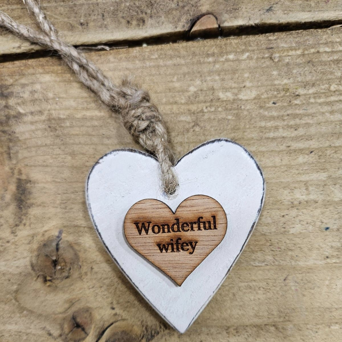 Chunky Wonderful Wifey  Hanging Heart Wood Sentiment Decoration - White w Natural  Heart Tag