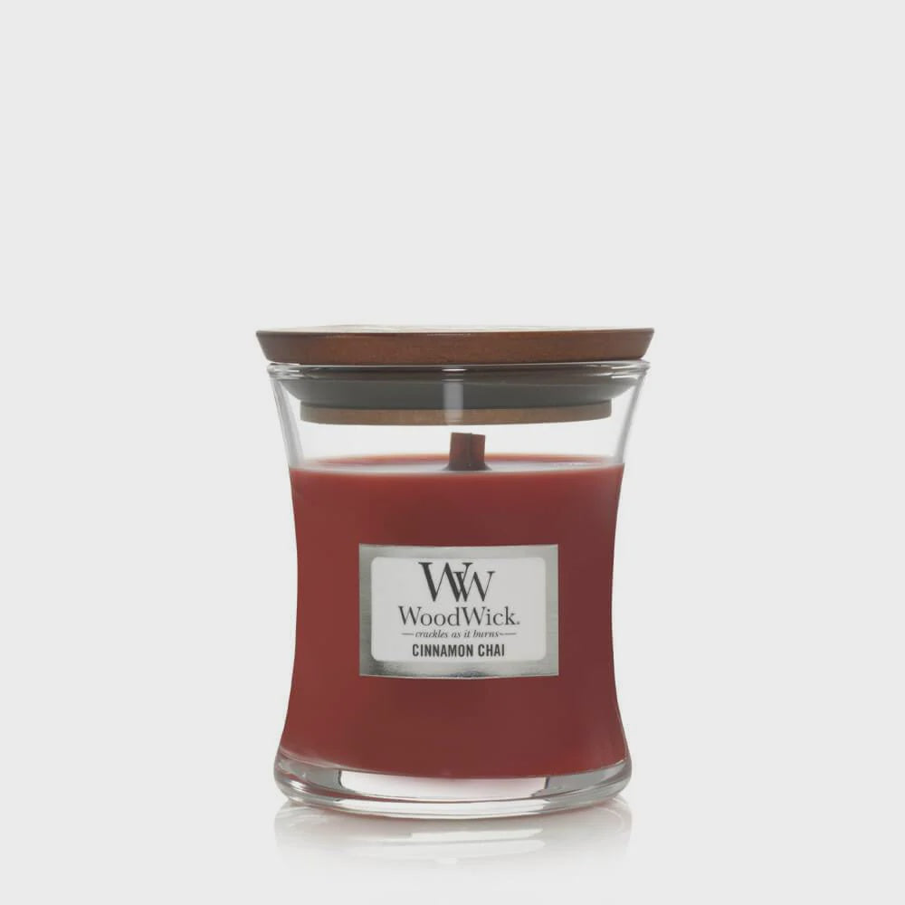 Candle: Scented Woodwick Glass Mini Jar w Wood Stand 3oz - Cinnamon Chai