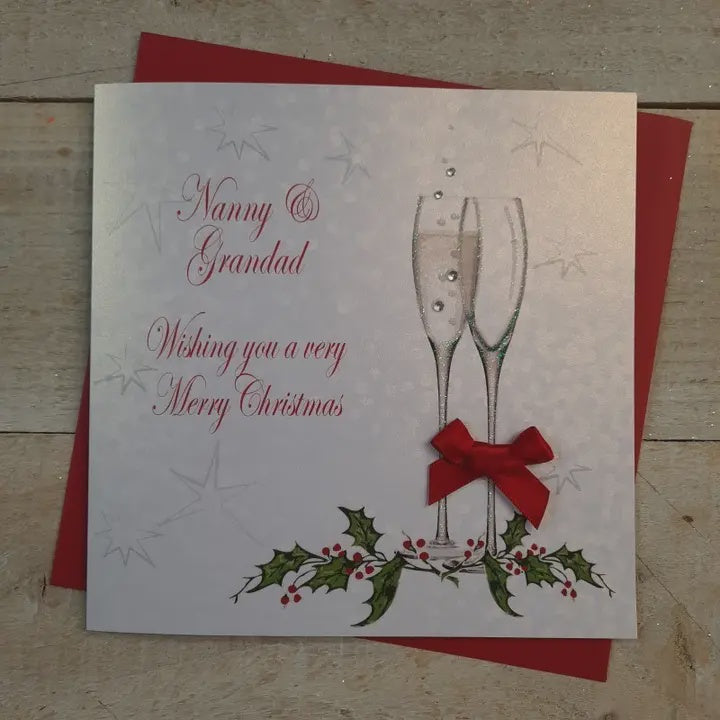 Christmas Card: Nanny & Grandad Champagne Glasses Hand Decorated- White Cotton Cards