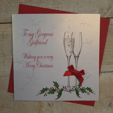 Christmas Card: Girlfriend Champagne Glasses Hand Decorated- White Cotton Cards
