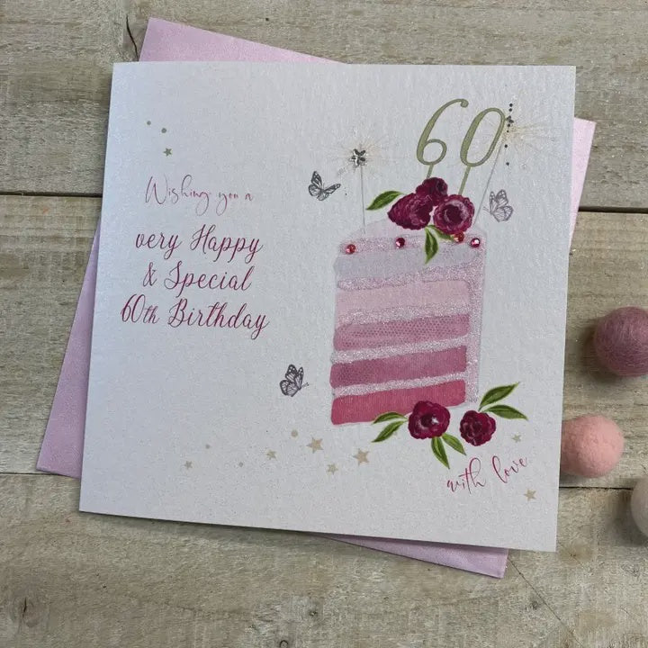 Age 60th Card: Slice Of Cake Hand Finished Crystals & Glitter - Pink - White Cotton Cards